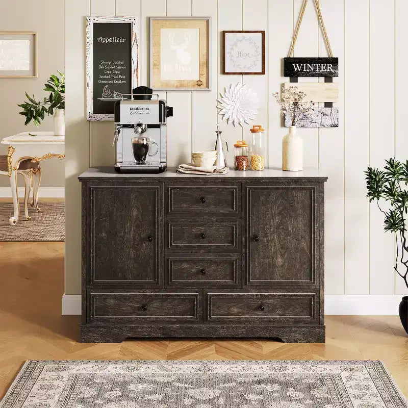 Buffet de ferme 47, buffet de rangement avec 5 tiroirs et 2 portes, buffet de bar à café en bois, table de buffet pour salle à manger