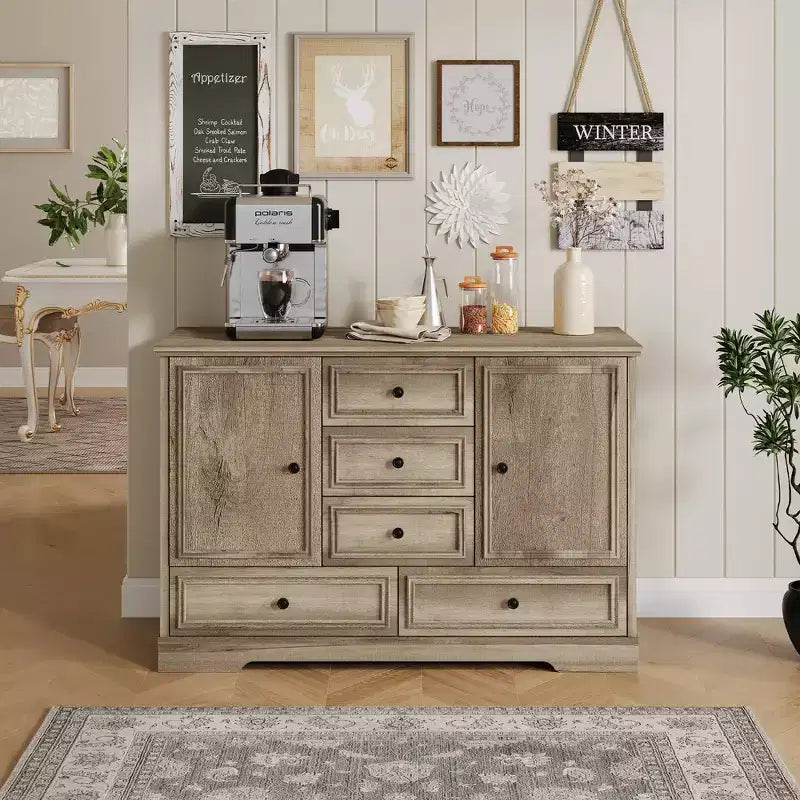 Buffet de ferme 47, buffet de rangement avec 5 tiroirs et 2 portes, buffet de bar à café en bois, table de buffet pour salle à manger