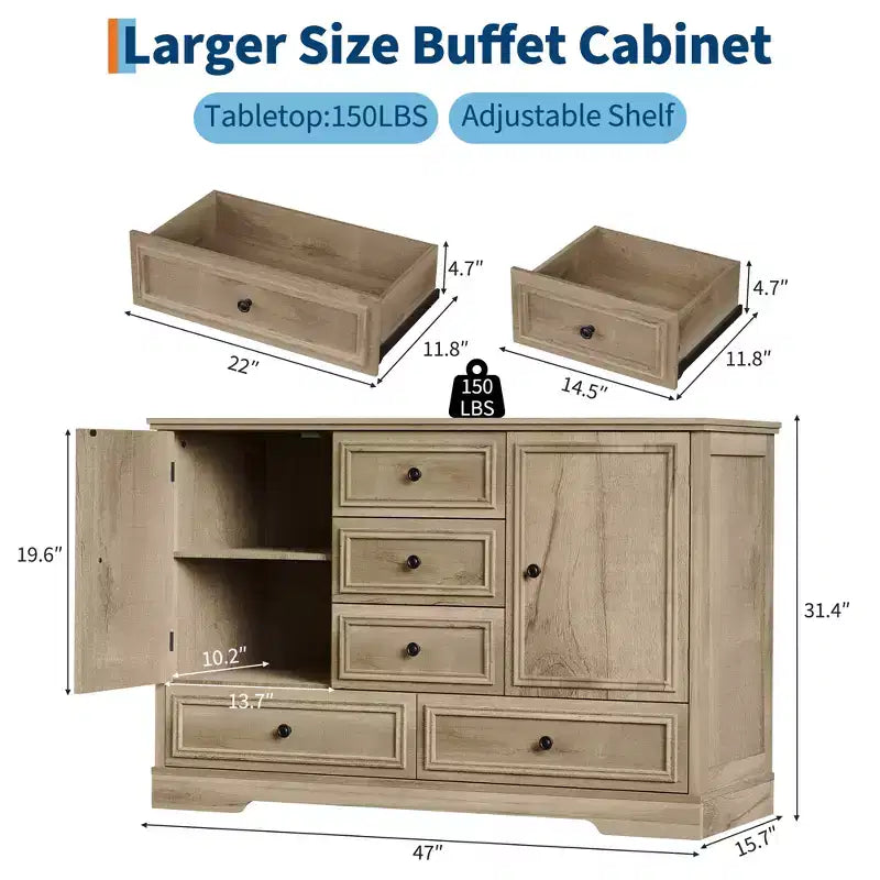 Buffet de ferme 47, buffet de rangement avec 5 tiroirs et 2 portes, buffet de bar à café en bois, table de buffet pour salle à manger
