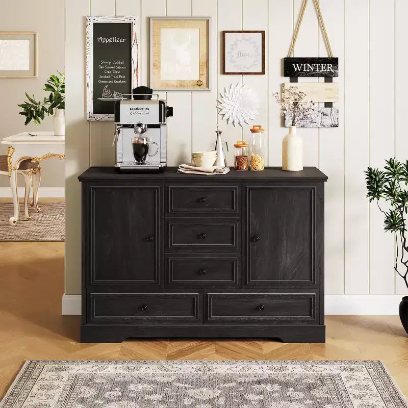 Buffet de ferme 47, buffet de rangement avec 5 tiroirs et 2 portes, buffet de bar à café en bois, table de buffet pour salle à manger