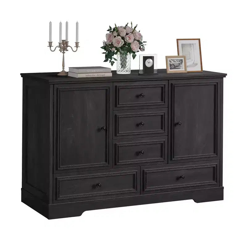Buffet de ferme 47, buffet de rangement avec 5 tiroirs et 2 portes, buffet de bar à café en bois, table de buffet pour salle à manger