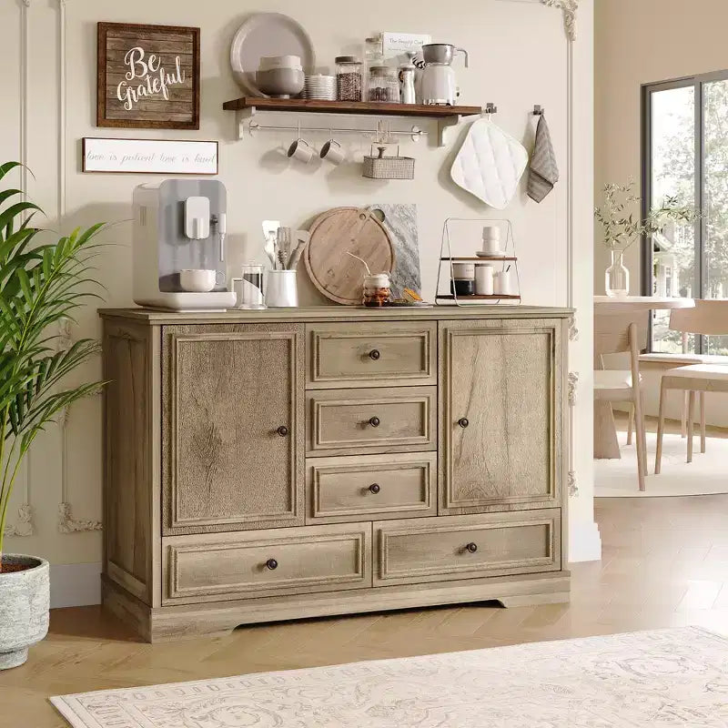 Buffet de ferme 47, buffet de rangement avec 5 tiroirs et 2 portes, buffet de bar à café en bois, table de buffet pour salle à manger