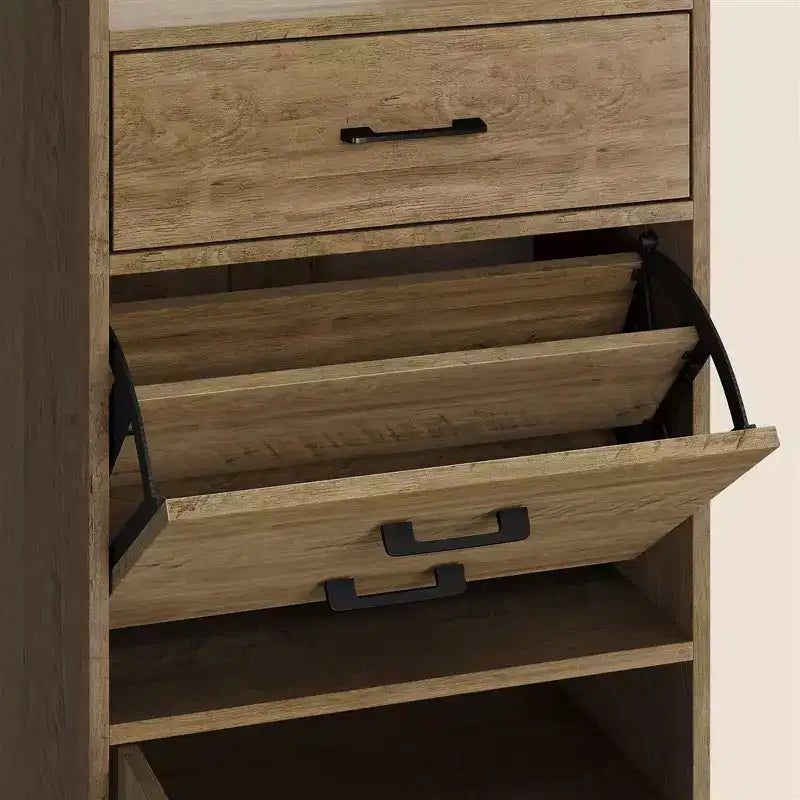 Meuble à chaussures 5-en-1 avec tiroir basculant, rangement à chaussures d'entrée avec panneau perforé, étagère réglable, meuble d'entrée en bois