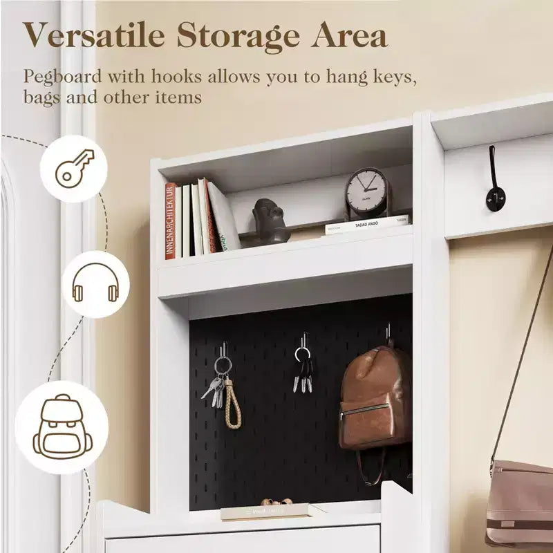 Meuble à chaussures 5-en-1 avec tiroir basculant, rangement à chaussures d'entrée avec panneau perforé, étagère réglable, meuble d'entrée en bois