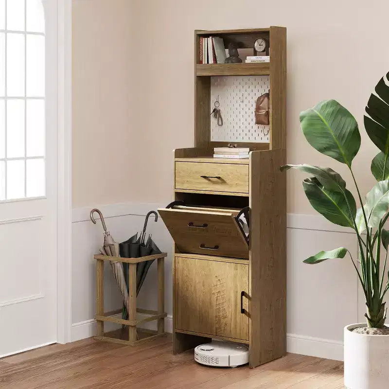 Meuble à chaussures 5-en-1 avec tiroir basculant, rangement à chaussures d'entrée avec panneau perforé, étagère réglable, meuble d'entrée en bois