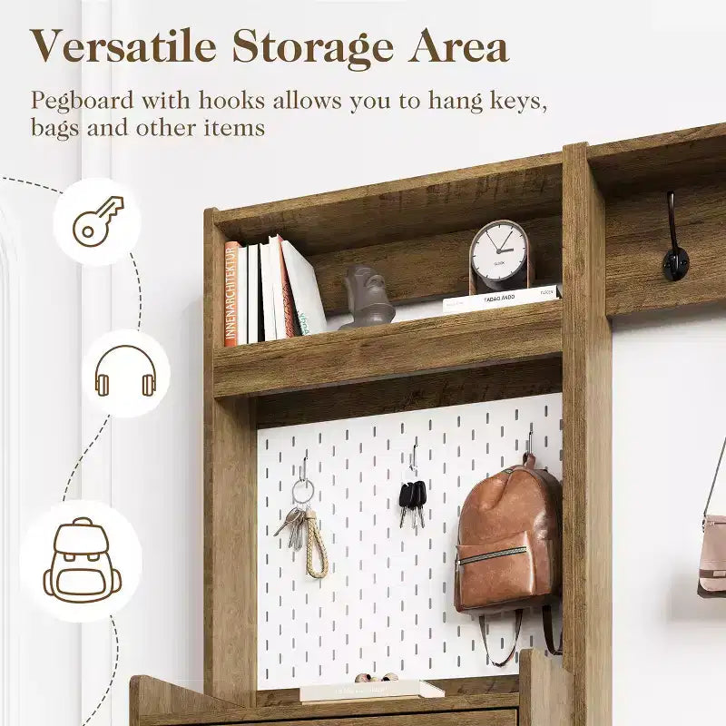Meuble à chaussures 5-en-1 avec tiroir basculant, rangement à chaussures d'entrée avec panneau perforé, étagère réglable, meuble d'entrée en bois