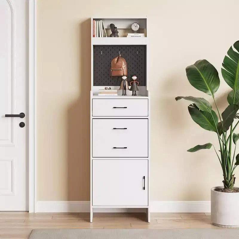 Meuble à chaussures 5-en-1 avec tiroir basculant, rangement à chaussures d'entrée avec panneau perforé, étagère réglable, meuble d'entrée en bois