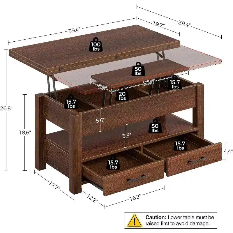 Lift-Top Coffee Table with Adjustable Height  Modern Wooden Center Table with 2 Storage Drawers & Hidden Compartment  Walnut Brown or Black