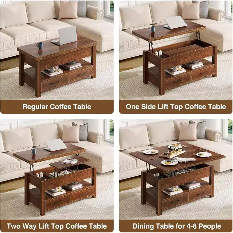Lift-Top Coffee Table with Adjustable Height  Modern Wooden Center Table with 2 Storage Drawers & Hidden Compartment  Walnut Brown or Black