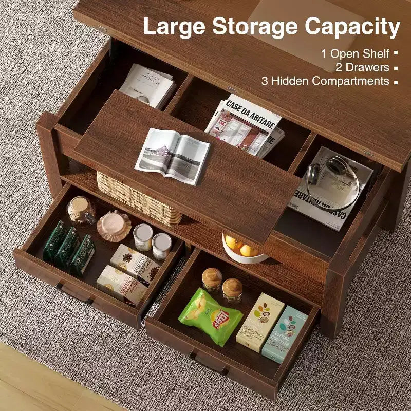Lift-Top Coffee Table with Adjustable Height  Modern Wooden Center Table with 2 Storage Drawers & Hidden Compartment  Walnut Brown or Black