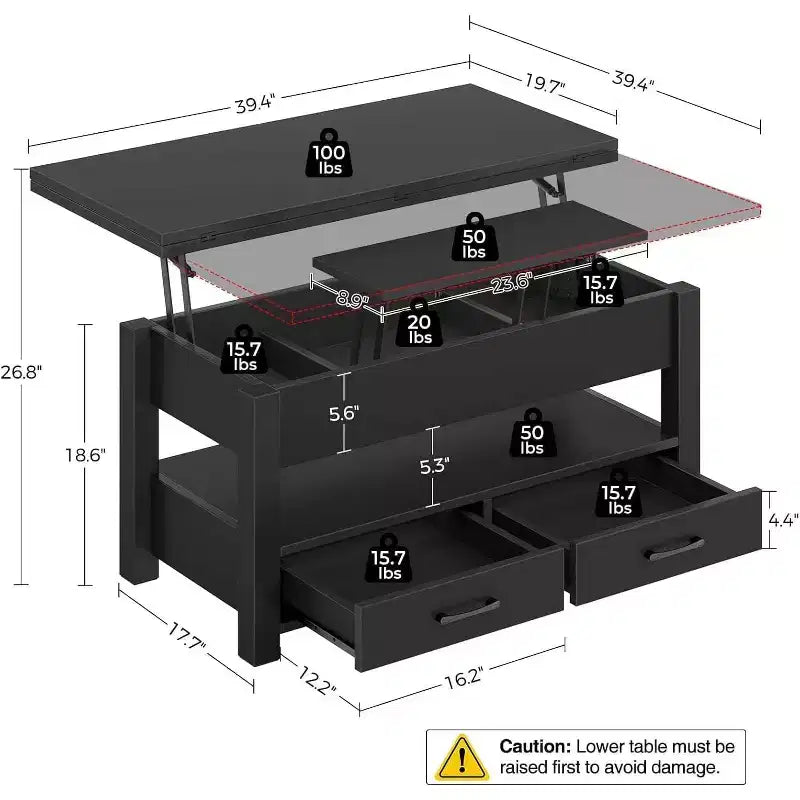 Lift-Top Coffee Table with Adjustable Height  Modern Wooden Center Table with 2 Storage Drawers & Hidden Compartment  Walnut Brown or Black