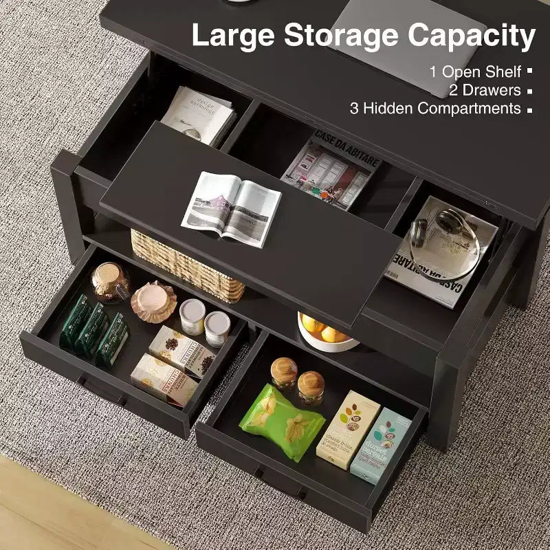 Lift-Top Coffee Table with Adjustable Height  Modern Wooden Center Table with 2 Storage Drawers & Hidden Compartment  Walnut Brown or Black