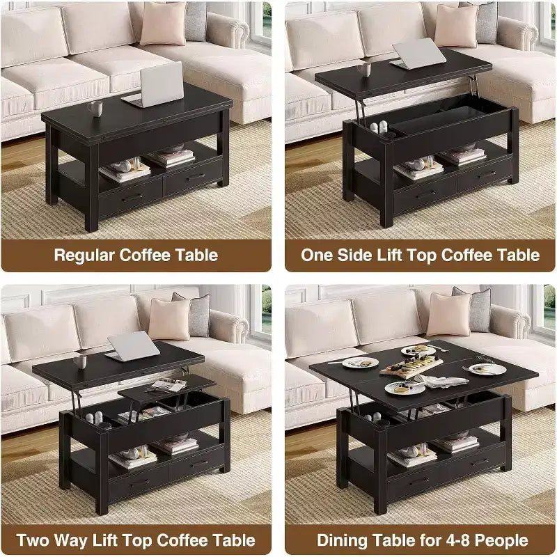 Lift-Top Coffee Table with Adjustable Height  Modern Wooden Center Table with 2 Storage Drawers & Hidden Compartment  Walnut Brown or Black