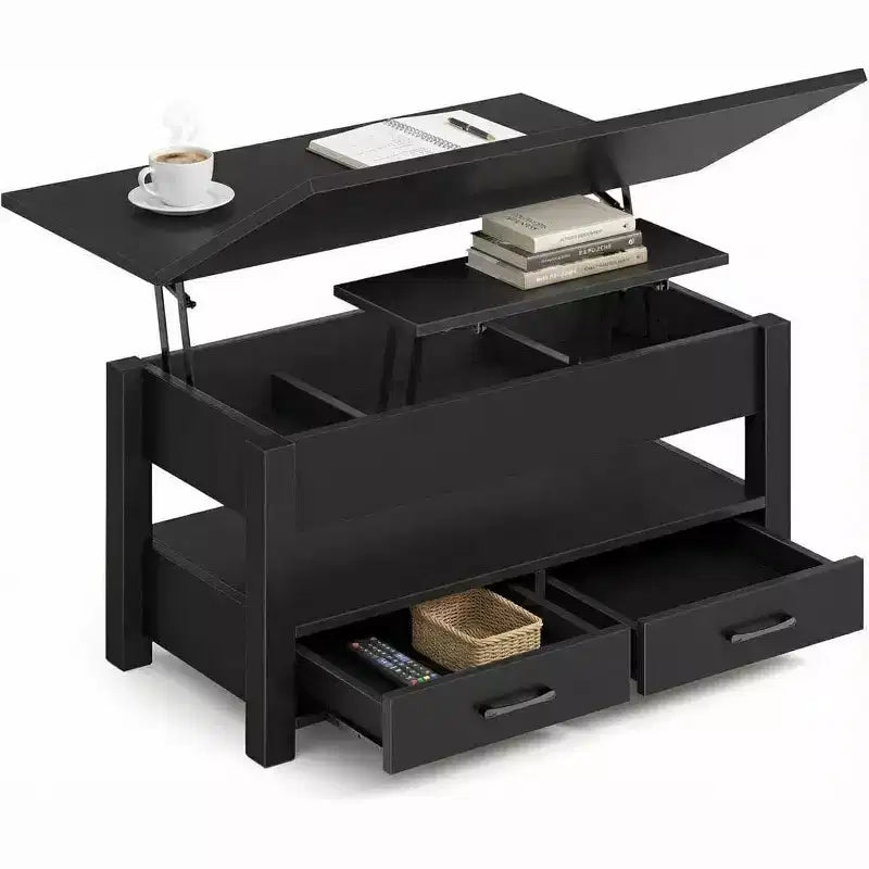 Lift-Top Coffee Table with Adjustable Height  Modern Wooden Center Table with 2 Storage Drawers & Hidden Compartment  Walnut Brown or Black