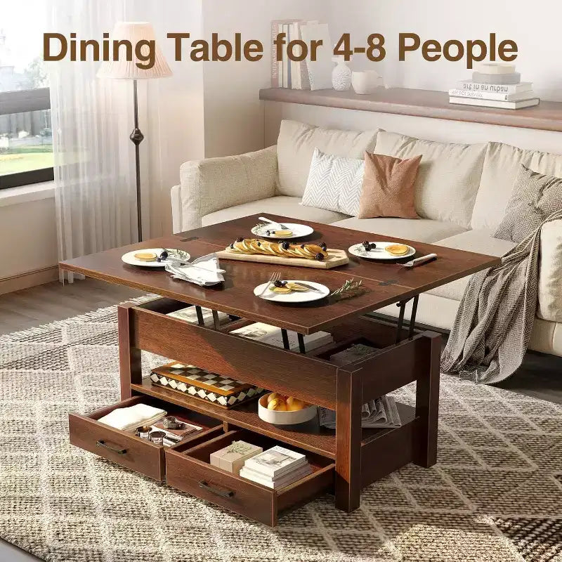 Lift-Top Coffee Table with Adjustable Height  Modern Wooden Center Table with 2 Storage Drawers & Hidden Compartment  Walnut Brown or Black