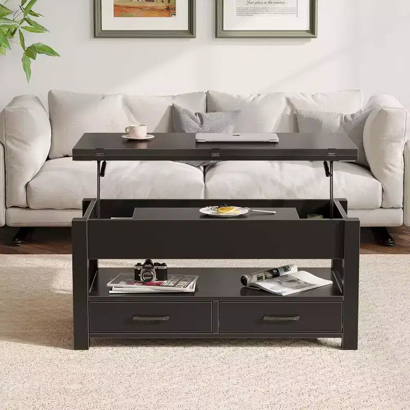 Lift-Top Coffee Table with Adjustable Height  Modern Wooden Center Table with 2 Storage Drawers & Hidden Compartment  Walnut Brown or Black