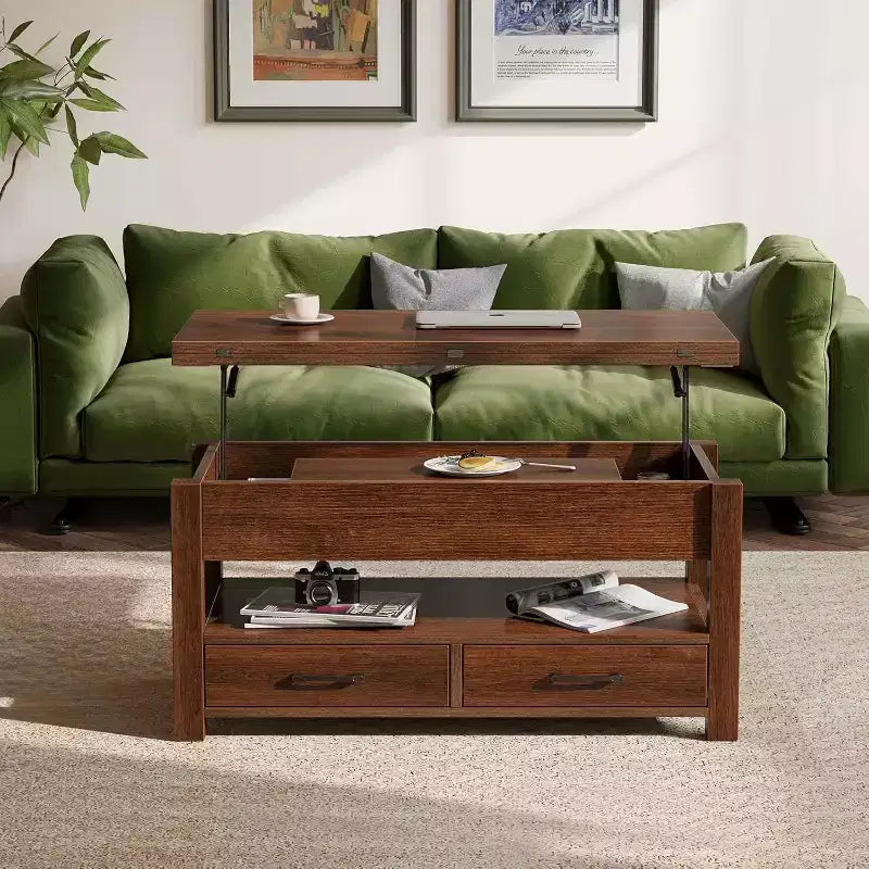 Lift-Top Coffee Table with Adjustable Height  Modern Wooden Center Table with 2 Storage Drawers & Hidden Compartment  Walnut Brown or Black