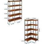 Étagère d'angle réversible à 5 niveaux, bibliothèque industrielle de 165 cm avec 4 crochets, étagères ouvertes et cadre métallique pour salon, chambre et bureau, marron rustique