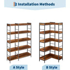 Étagère d'angle réversible à 5 niveaux, bibliothèque industrielle de 165 cm avec 4 crochets, étagères ouvertes et cadre métallique pour salon, chambre et bureau, marron rustique