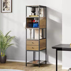 Industrial Bookshelf, Standing Display Shelf with 2 Dog Bowls, Metal and Wood Bookshelf, Dog Feeder Station with Shelves, Brown