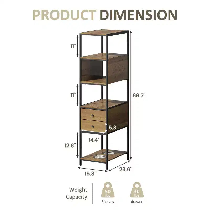 Industrial Bookshelf, Standing Display Shelf with 2 Dog Bowls, Metal and Wood Bookshelf, Dog Feeder Station with Shelves, Brown