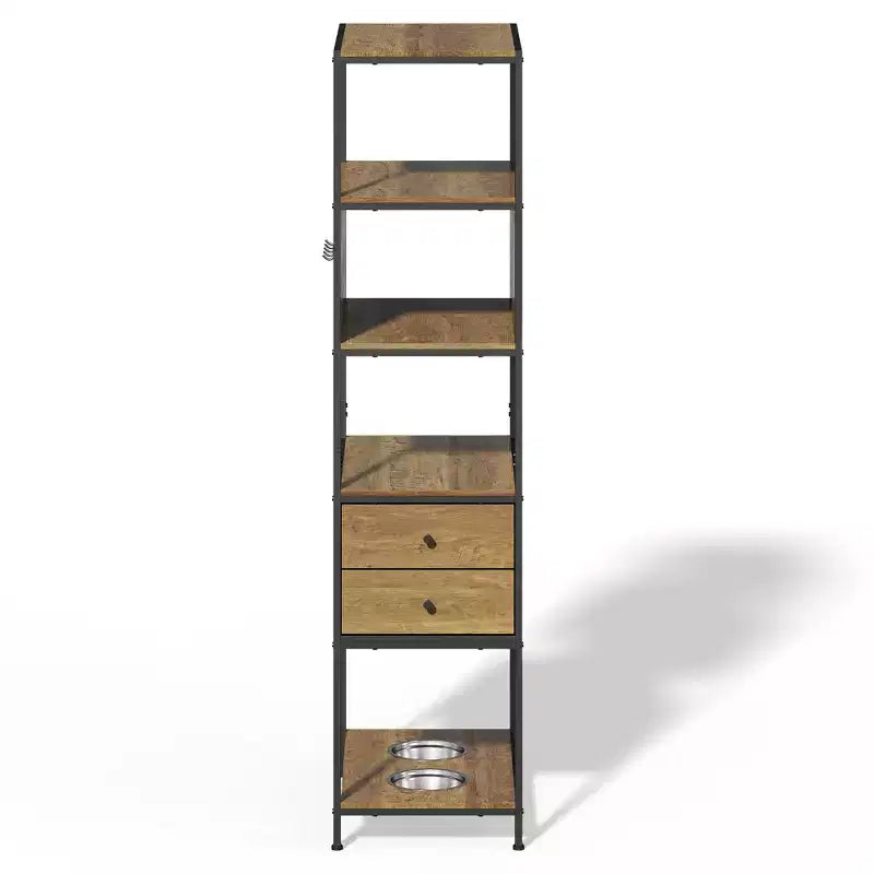 Industrial Bookshelf, Standing Display Shelf with 2 Dog Bowls, Metal and Wood Bookshelf, Dog Feeder Station with Shelves, Brown