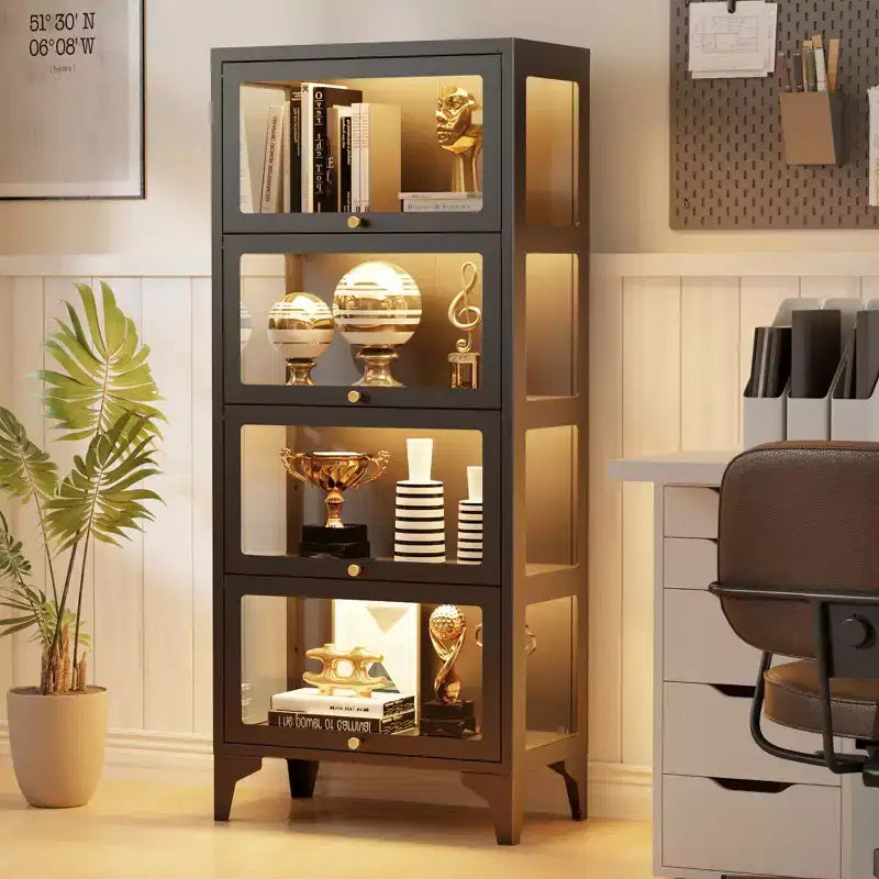 Bekrvio 4/5 Tier Glass Display Cabinets with Flip-Up Doors, Curio Cabinet with 13-Color, 3-Side Tempered Glass Metal Display Cabinet