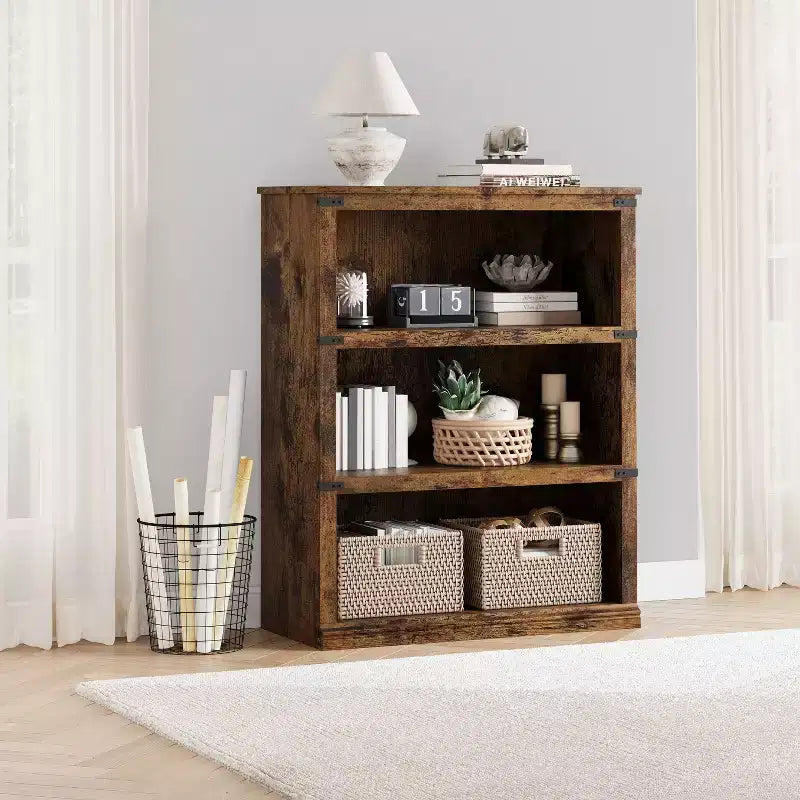 Étagère à 3 niveaux de style milieu de siècle, Rangement cubes entrecroisés avec kit anti-basculement, Organisateur rétro pour salon, bureau à domicile