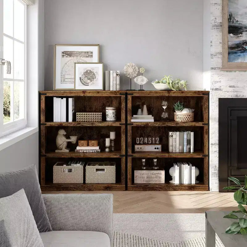 Étagère à 3 niveaux de style milieu de siècle, Rangement cubes entrecroisés avec kit anti-basculement, Organisateur rétro pour salon, bureau à domicile