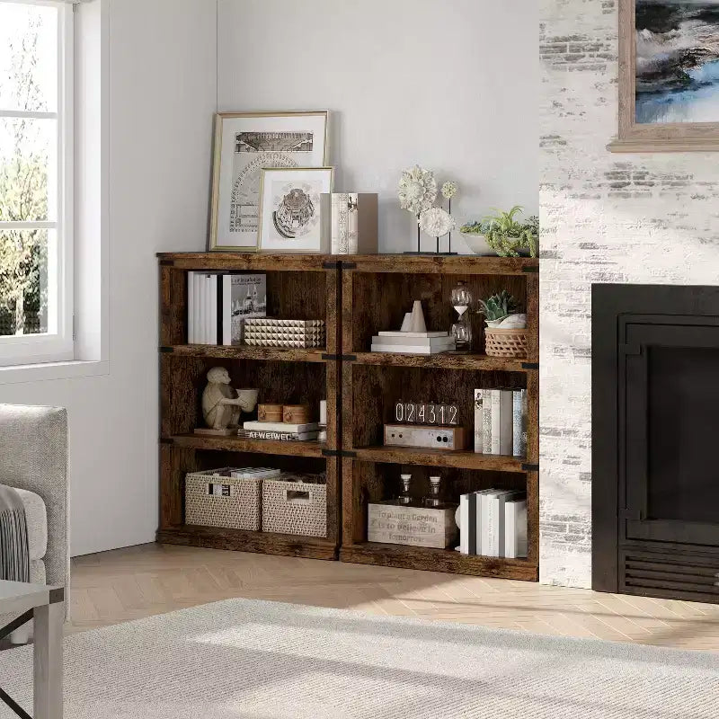 Étagère à 3 niveaux de style milieu de siècle, Rangement cubes entrecroisés avec kit anti-basculement, Organisateur rétro pour salon, bureau à domicile