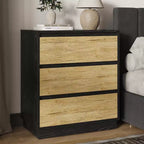 Table de chevet large avec 3 tiroirs, rangement coulissant dissimulé, noir et bois