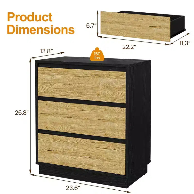 Table de chevet large avec 3 tiroirs, rangement coulissant dissimulé, noir et bois