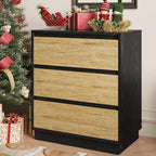 Table de chevet large avec 3 tiroirs, rangement coulissant dissimulé, noir et bois