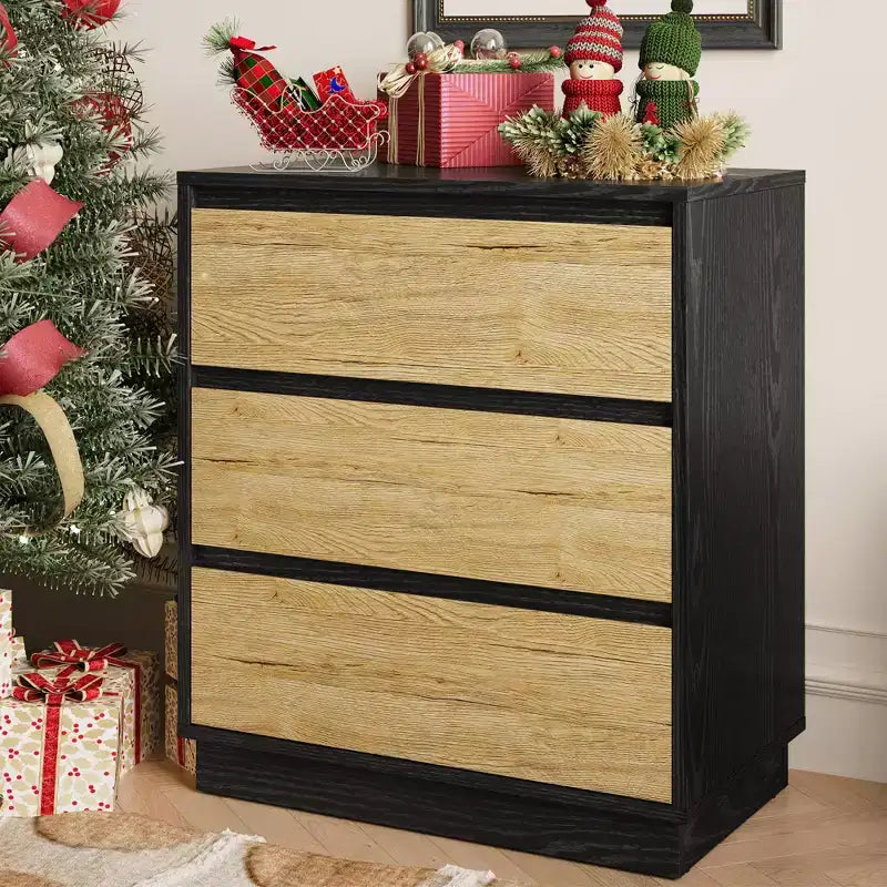 Table de chevet large avec 3 tiroirs, rangement coulissant dissimulé, noir et bois
