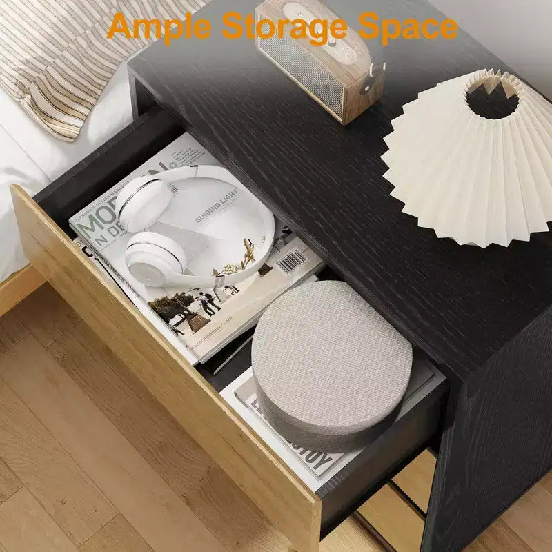 Table de chevet large avec 3 tiroirs, rangement coulissant dissimulé, noir et bois