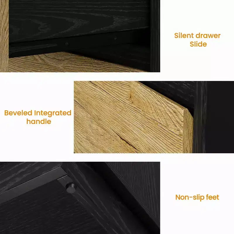 Table de chevet large avec 3 tiroirs, rangement coulissant dissimulé, noir et bois