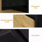 Table de chevet large avec 3 tiroirs, rangement coulissant dissimulé, noir et bois