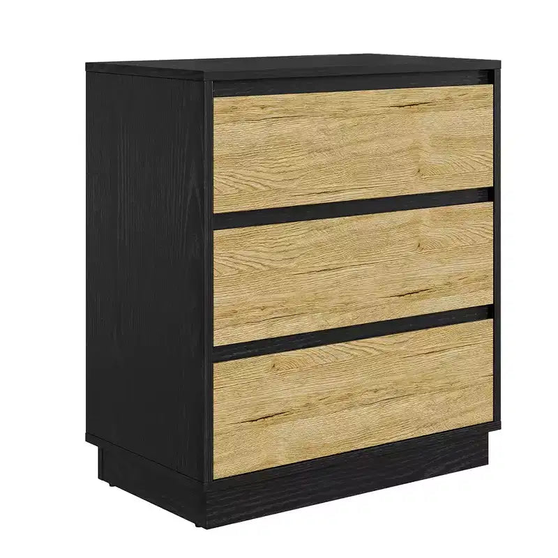 Table de chevet large avec 3 tiroirs, rangement coulissant dissimulé, noir et bois