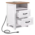 VEVOR Farmhouse Nightstand, with Charging Station, End Table with 2 Drawers and Open Shelf, Bedside Storage Cabinet,with USB Port and AC Outlets,White
