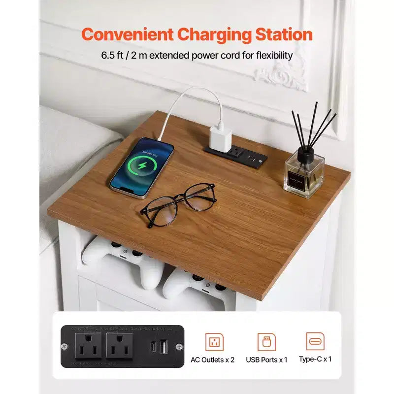 Table de chevet de ferme VEVOR, avec station de charge, table d'appoint avec 2 tiroirs et étagère ouverte, meuble de rangement de chevet, avec port USB et prises AC, blanc