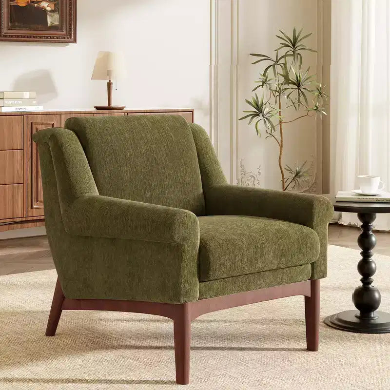 Fauteuil d'appoint Whisen avec accoudoirs évasés sculpturaux et cadre en bois massif, fauteuil de salon rembourré moderne incliné, fauteuil de lecture ergonomique