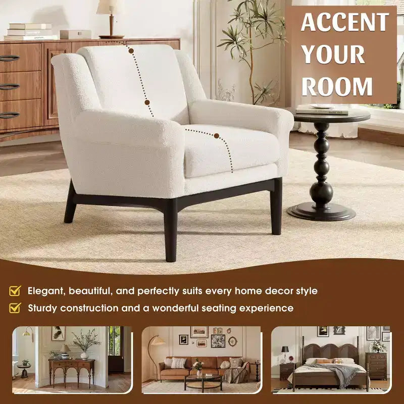 Fauteuil d'appoint Whisen avec accoudoirs évasés sculpturaux et cadre en bois massif, fauteuil de salon rembourré moderne incliné, fauteuil de lecture ergonomique
