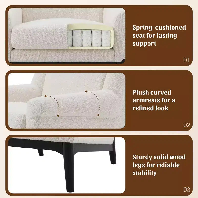 Fauteuil d'appoint Whisen avec accoudoirs évasés sculpturaux et cadre en bois massif, fauteuil de salon rembourré moderne incliné, fauteuil de lecture ergonomique