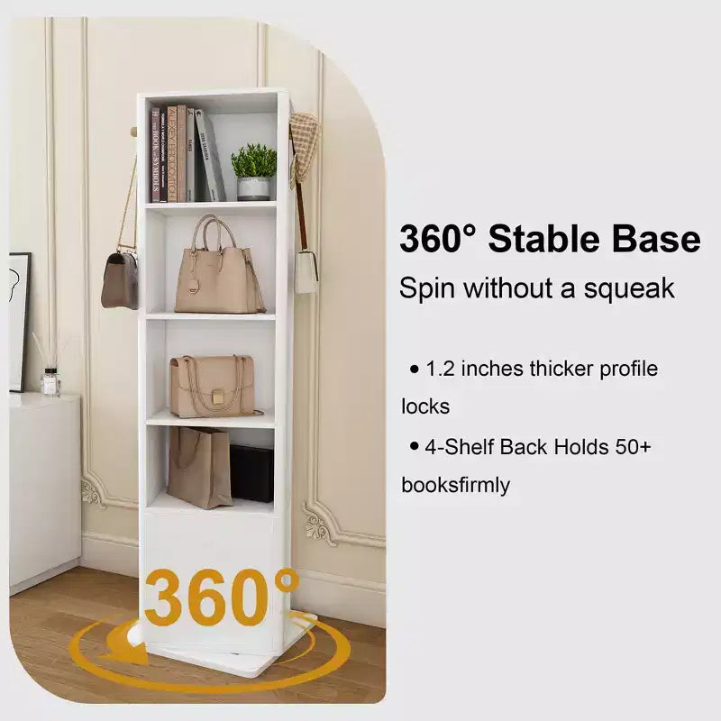 Meuble de rangement pivotant à 360° avec miroir pleine longueur, tour de rangement rotative avec 6 étagères et crochets