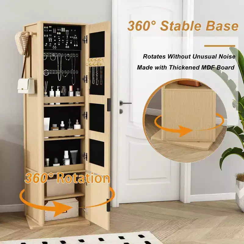 Meuble de rangement pivotant à 360° avec miroir pleine longueur, tour de rangement rotative avec 6 étagères et crochets