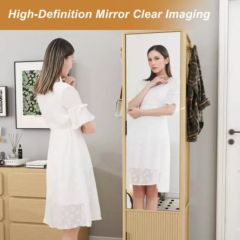 Meuble de rangement pivotant à 360° avec miroir pleine longueur, tour de rangement rotative avec 6 étagères et crochets