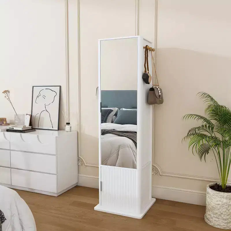 Meuble de rangement pivotant à 360° avec miroir pleine longueur, tour de rangement rotative avec 6 étagères et crochets