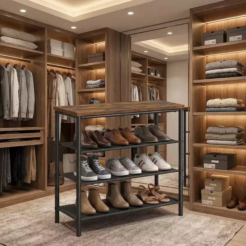 Meuble de rangement pour chaussures à 4 niveaux pour entrée, étagère à chaussures industrielle pouvant contenir 9 à 12 paires avec cadre en acier et étagères en tissu, marron rustique et noir
