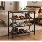Meuble de rangement pour chaussures à 4 niveaux pour entrée, étagère à chaussures industrielle pouvant contenir 9 à 12 paires avec cadre en acier et étagères en tissu, marron rustique et noir