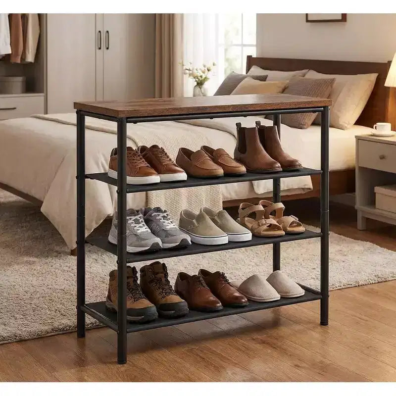 Meuble de rangement pour chaussures à 4 niveaux pour entrée, étagère à chaussures industrielle pouvant contenir 9 à 12 paires avec cadre en acier et étagères en tissu, marron rustique et noir